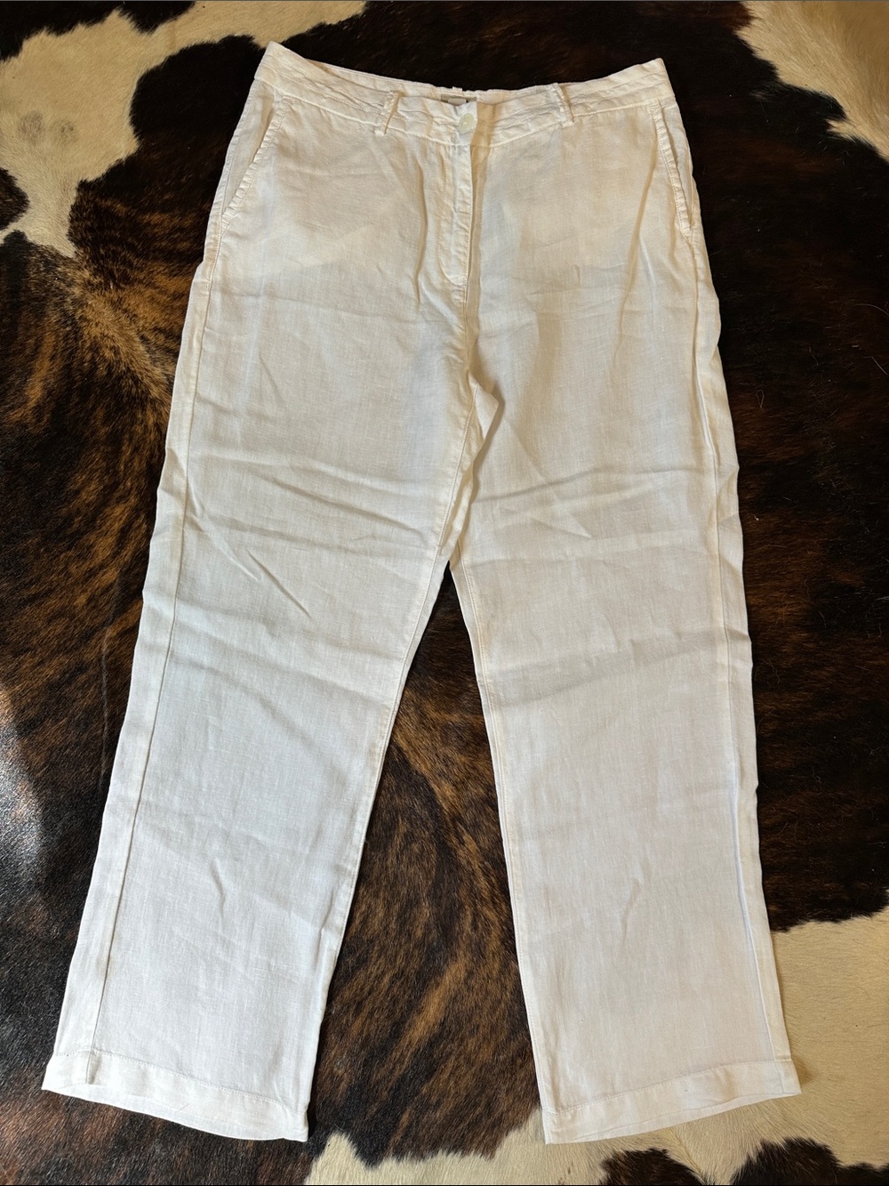 LL Bean Classic Fit White Linen Pants, 12 P, Button & Zip Closure, Pockets